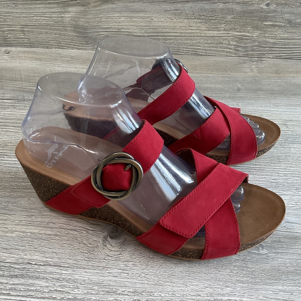 Dansko Susie Red Suede Criss Cross Wedge Sandals Women's Size 40 EU 9.5-10 US